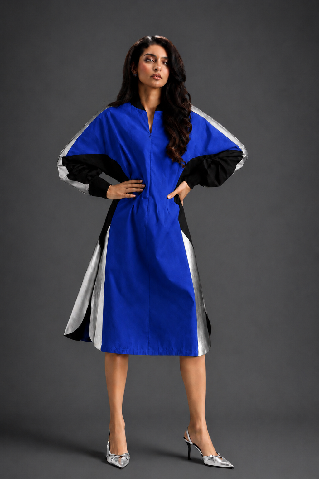 Statement Colourblock Midi Dress In Blue With Contrast Metallic Silver Side Panels And Balloon Sleeves