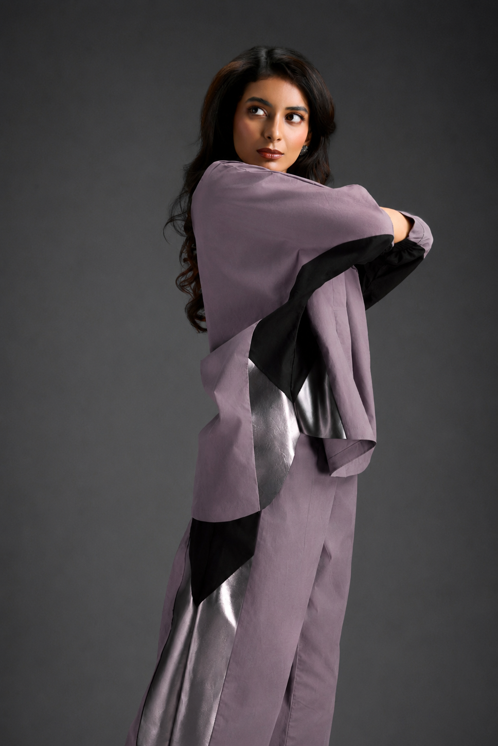 Relaxed Ash Pink Co-ord With Loose-fit Dramatic-sleeve Shirt And Wide-leg Pants With Metallic Side Panels.