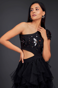 Load image into Gallery viewer, Black Hand Embroidered One Shoulder Ruffle Dress With Net Ruffles And Cutwork Detailing
