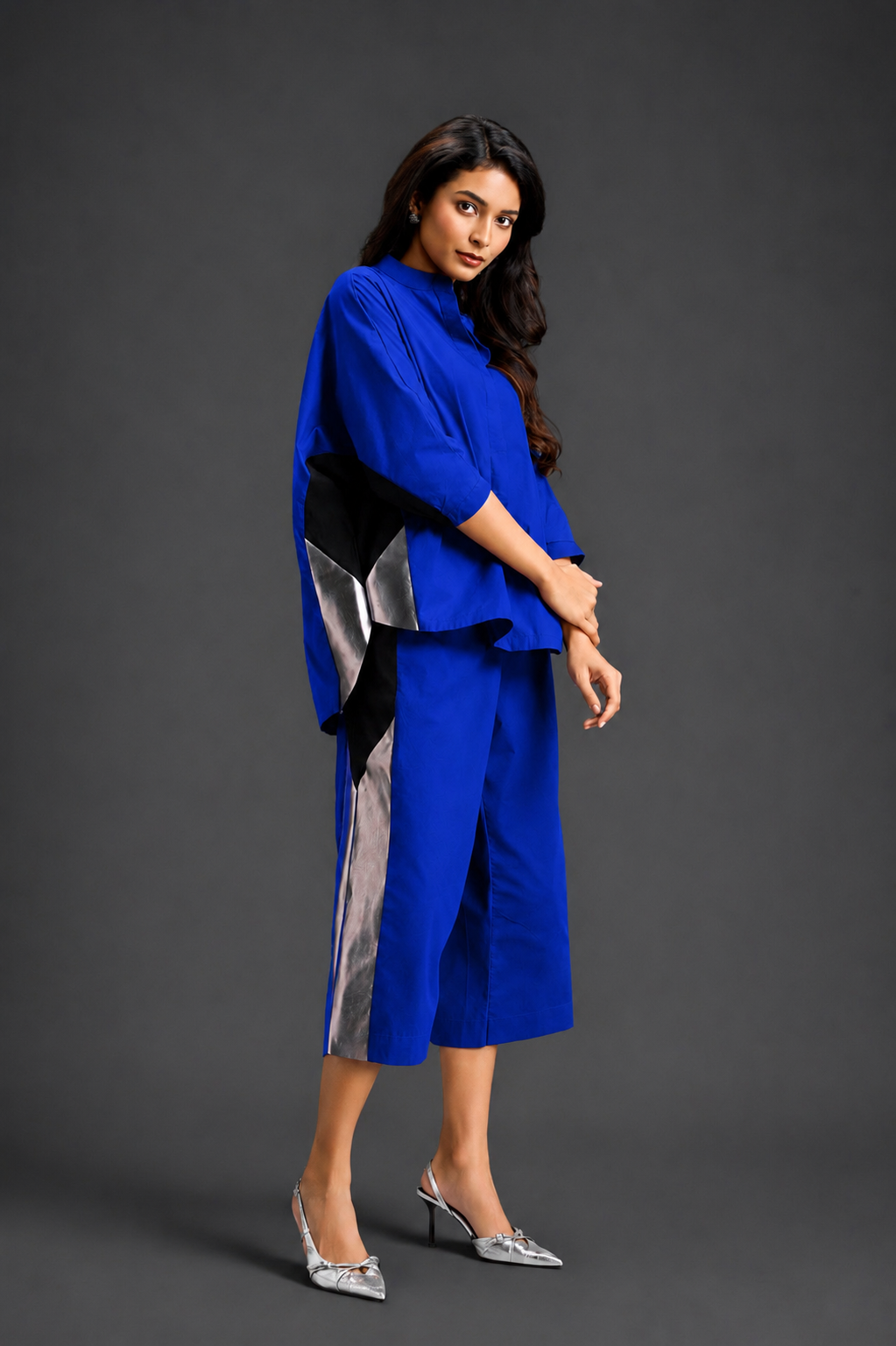 Relaxed Blue Co-ord With Loose-fit Dramatic-sleeve Shirt And Wide-leg Pants With Metallic Side Panels.