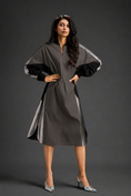 Load image into Gallery viewer, Statement Colourblock Midi Dress In Warm Grey With Contrast Metallic Silver Side Panels And Balloon Sleeves
