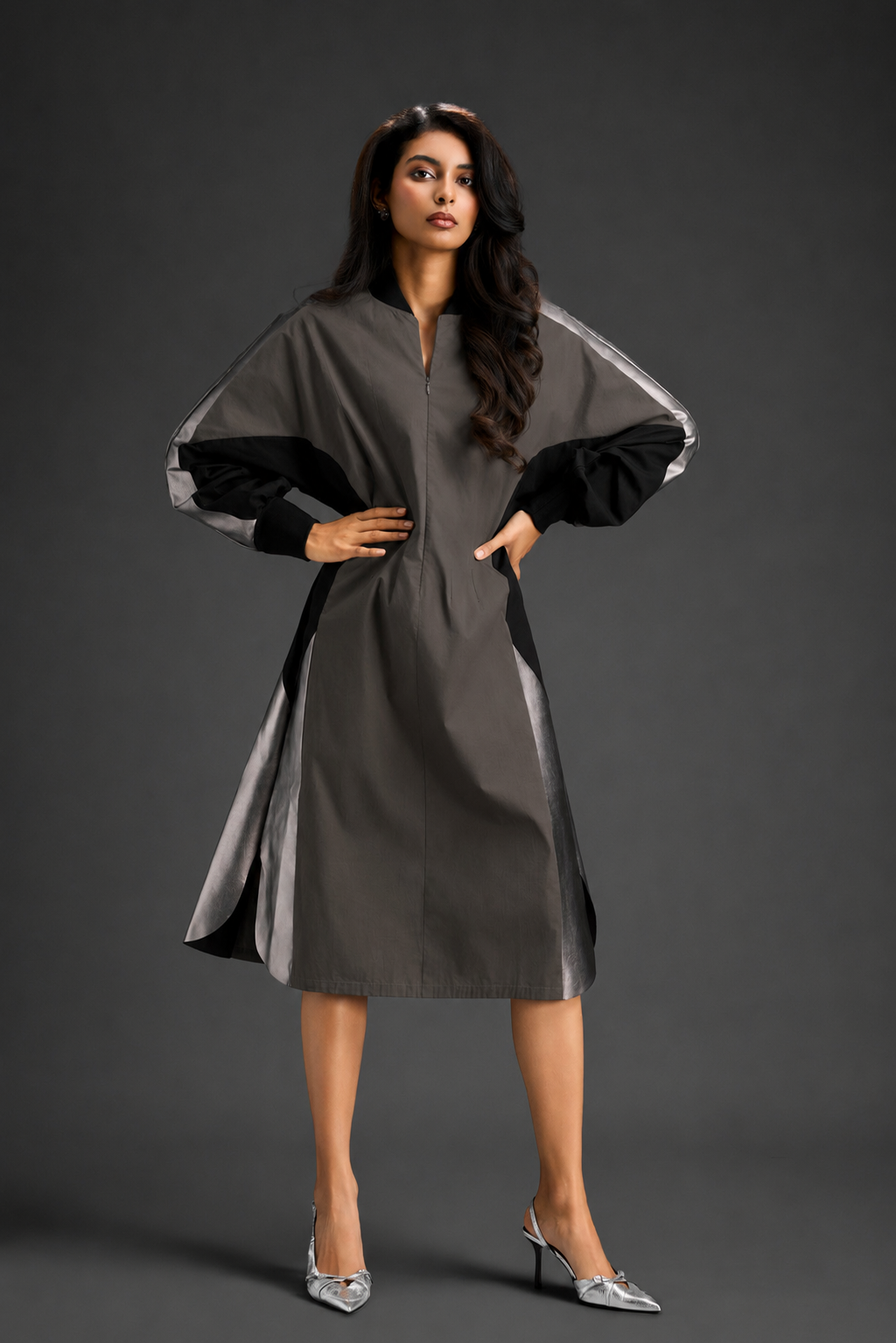 Statement Colourblock Midi Dress In Warm Grey With Contrast Metallic Silver Side Panels And Balloon Sleeves
