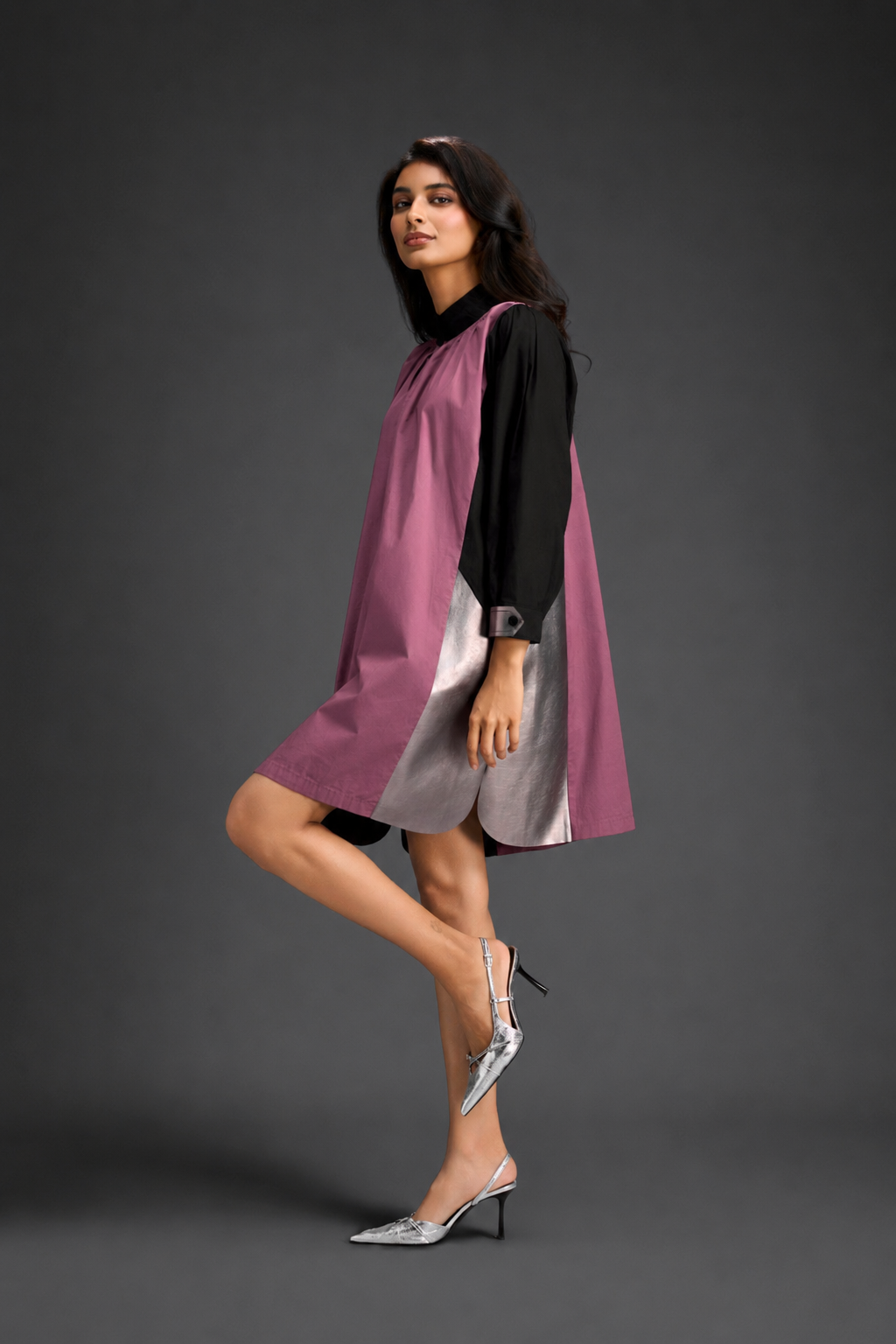 Colourblock Tunic Dress In Pink And Black With Metallic Silver Side Panels