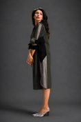Load image into Gallery viewer, Statement Colourblock Midi Dress In Dark Green With Contrast Metallic Silver Side Panels And Balloon Sleeves
