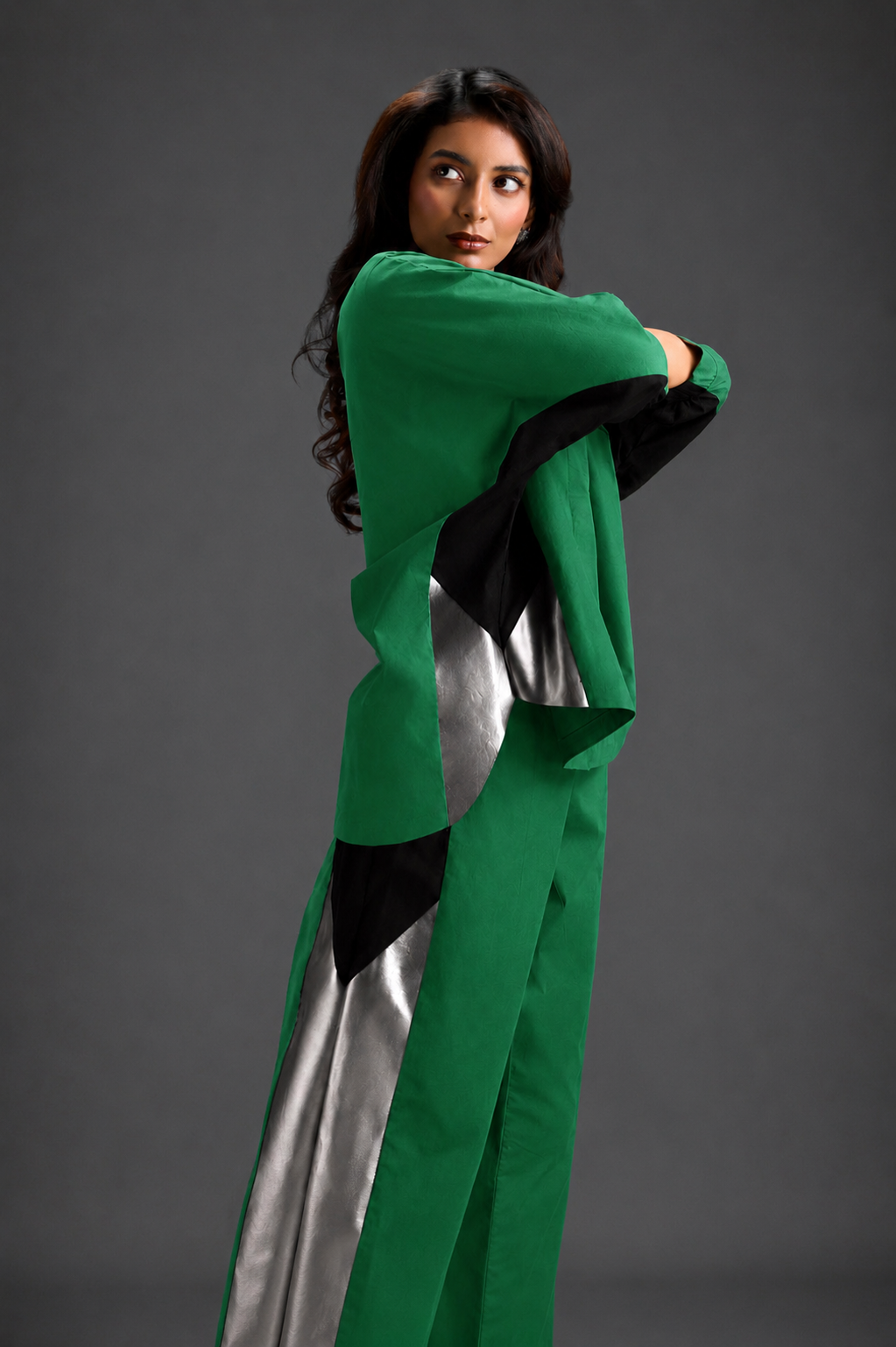 Relaxed Parrot Green Co-ord With Loose-fit Dramatic-sleeve Shirt And Wide-leg Pants With Metallic Side Panels.