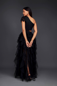 Load image into Gallery viewer, Black Hand Embroidered One Shoulder Ruffle Dress With Net Ruffles And Cutwork Detailing
