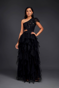 Load image into Gallery viewer, Black Hand Embroidered One Shoulder Ruffle Dress With Net Ruffles And Cutwork Detailing
