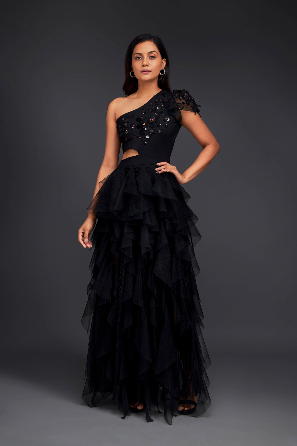 Black Hand Embroidered One Shoulder Ruffle Dress With Net Ruffles And Cutwork Detailing