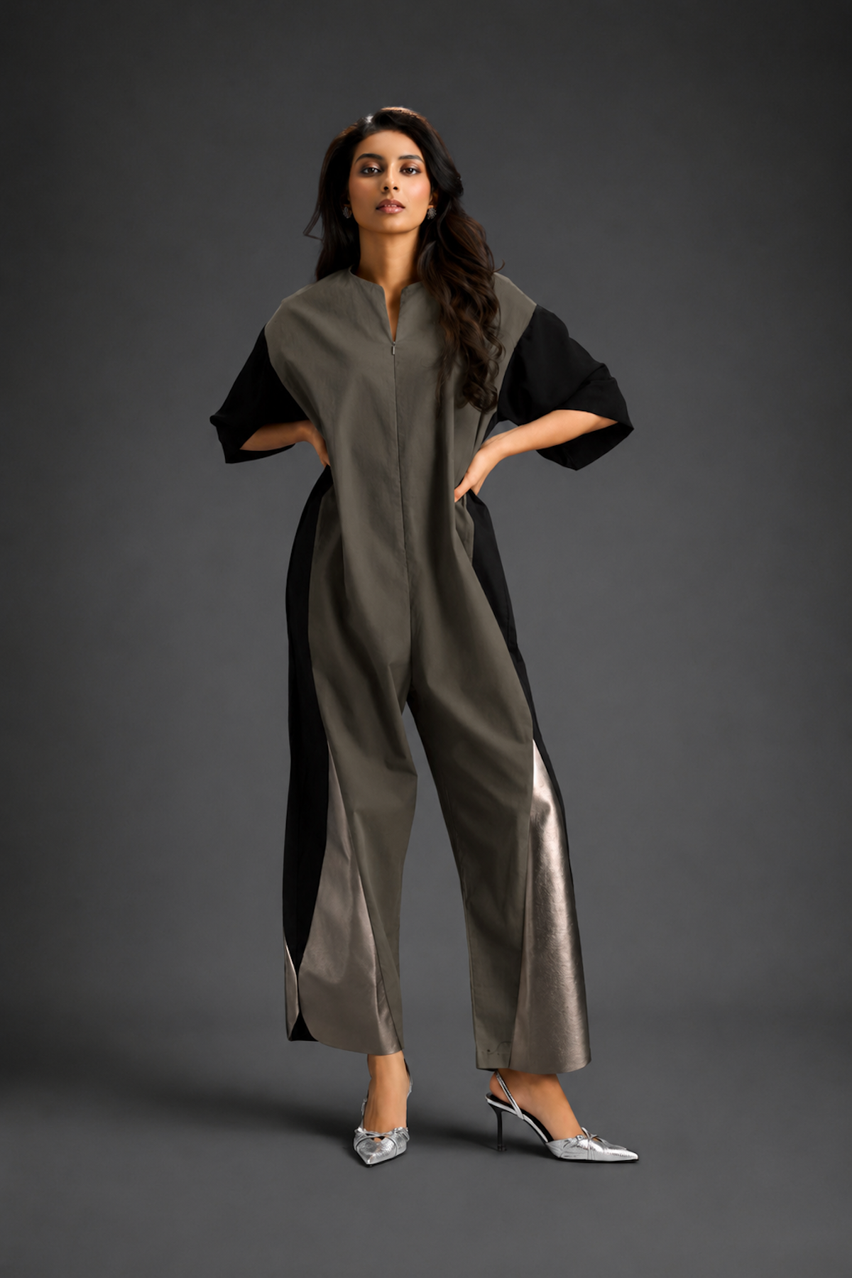Colorblock Jumpsuit In Dark Green  , Black & Metallic Panels With Relaxed Fit