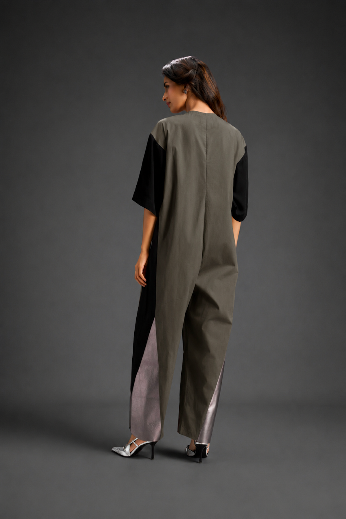 Colorblock Jumpsuit In Dark Green  , Black & Metallic Panels With Relaxed Fit