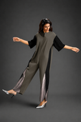 Load image into Gallery viewer, Colorblock Jumpsuit In Dark Green  , Black & Metallic Panels With Relaxed Fit
