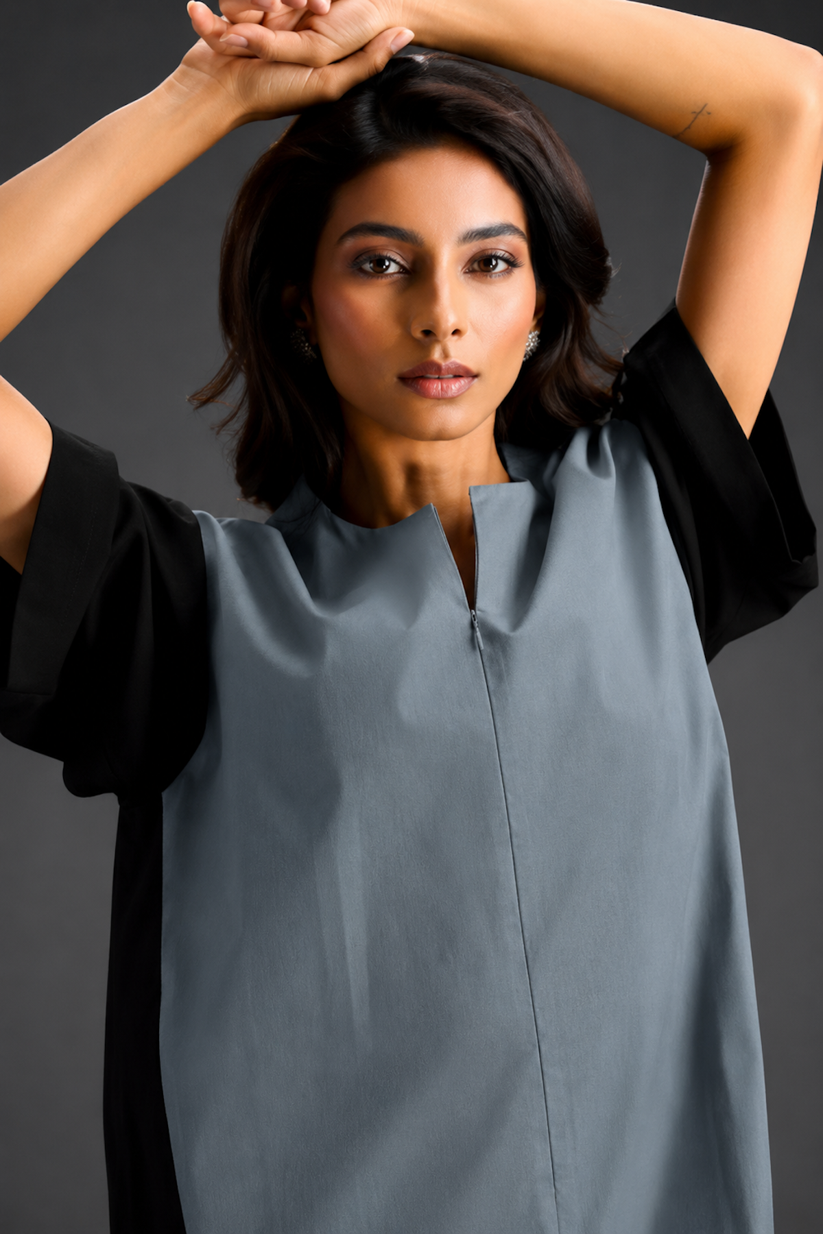 Colorblock Jumpsuit In Cool Grey , Black & Metallic Panels With Relaxed Fit