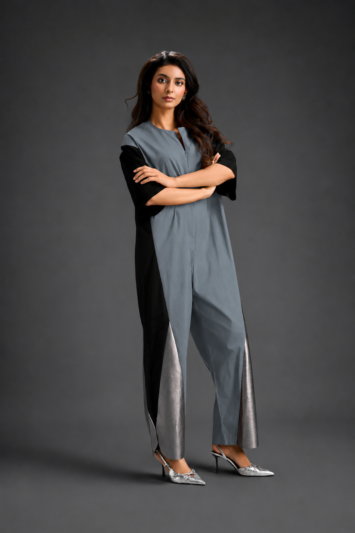 Colorblock Jumpsuit In Cool Grey , Black & Metallic Panels With Relaxed Fit
