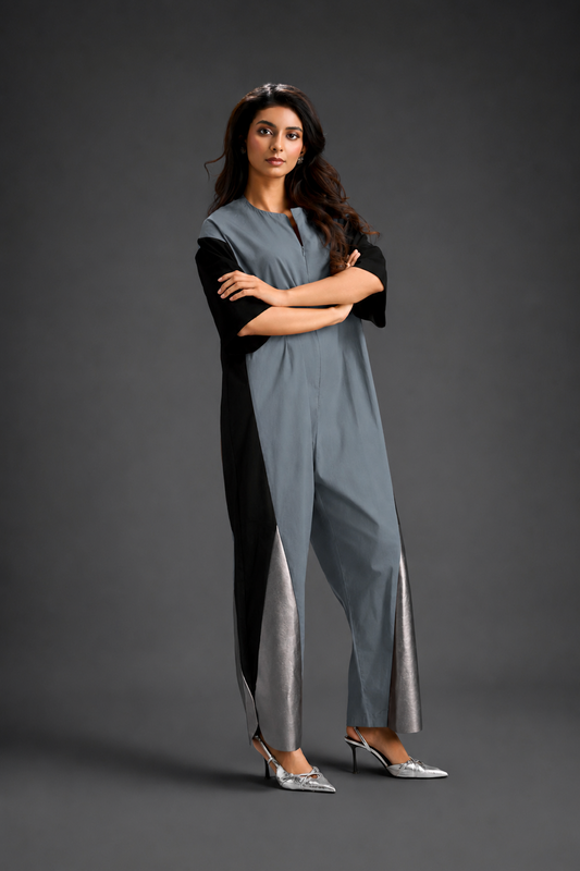 Colorblock Jumpsuit In Cool Grey , Black & Metallic Panels With Relaxed Fit
