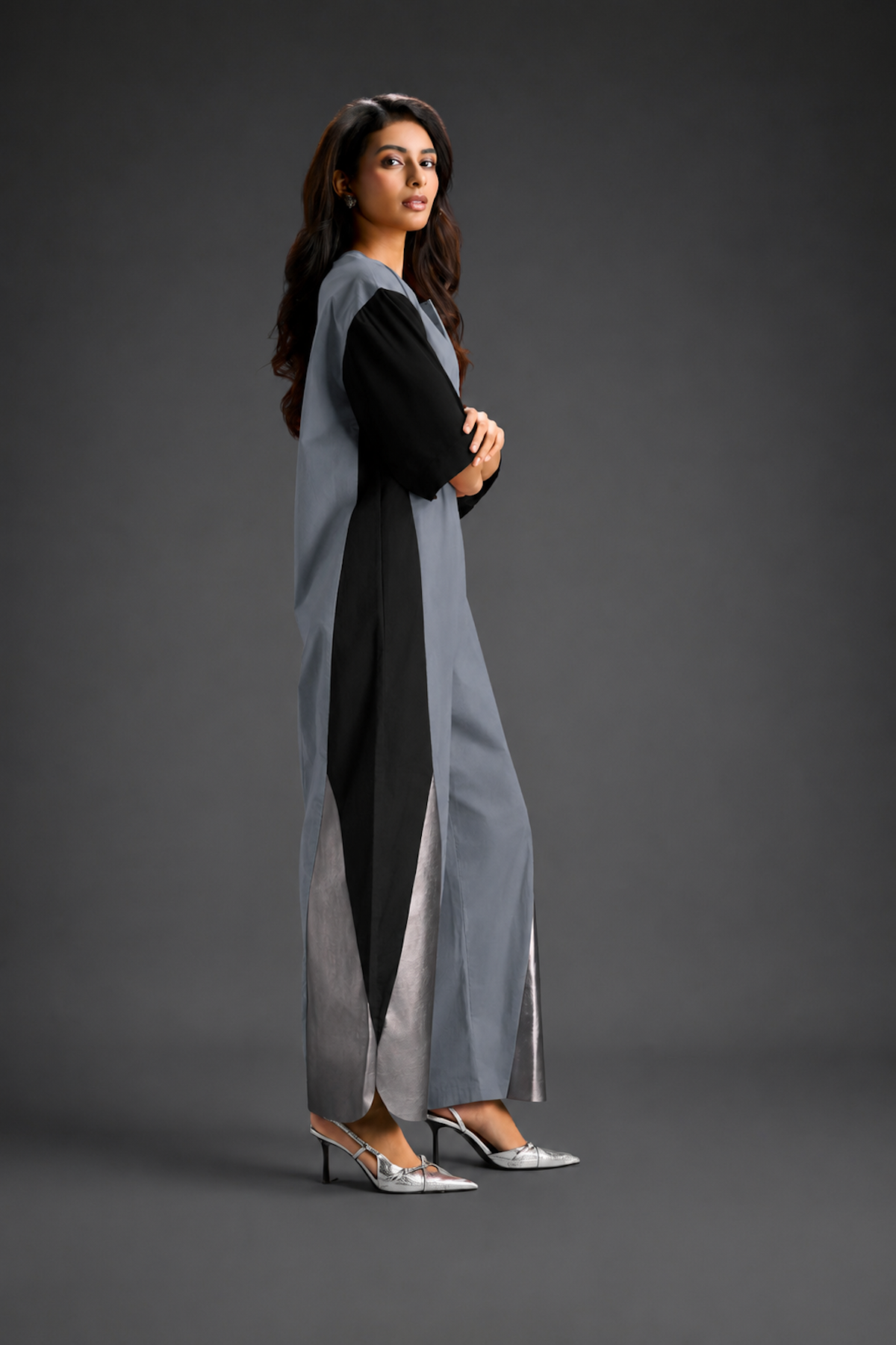 Colorblock Jumpsuit In Cool Grey , Black & Metallic Panels With Relaxed Fit