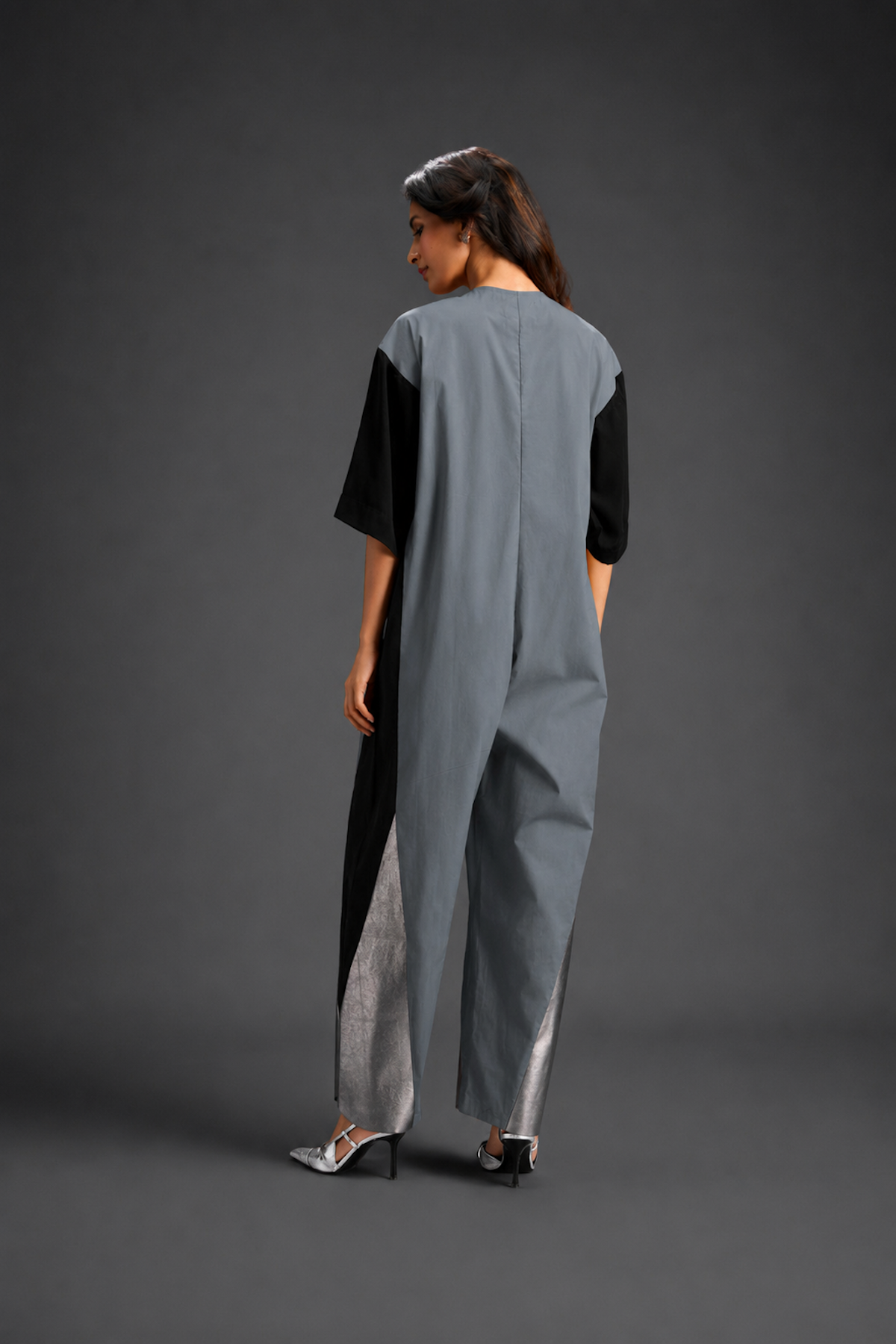 Colorblock Jumpsuit In Cool Grey , Black & Metallic Panels With Relaxed Fit