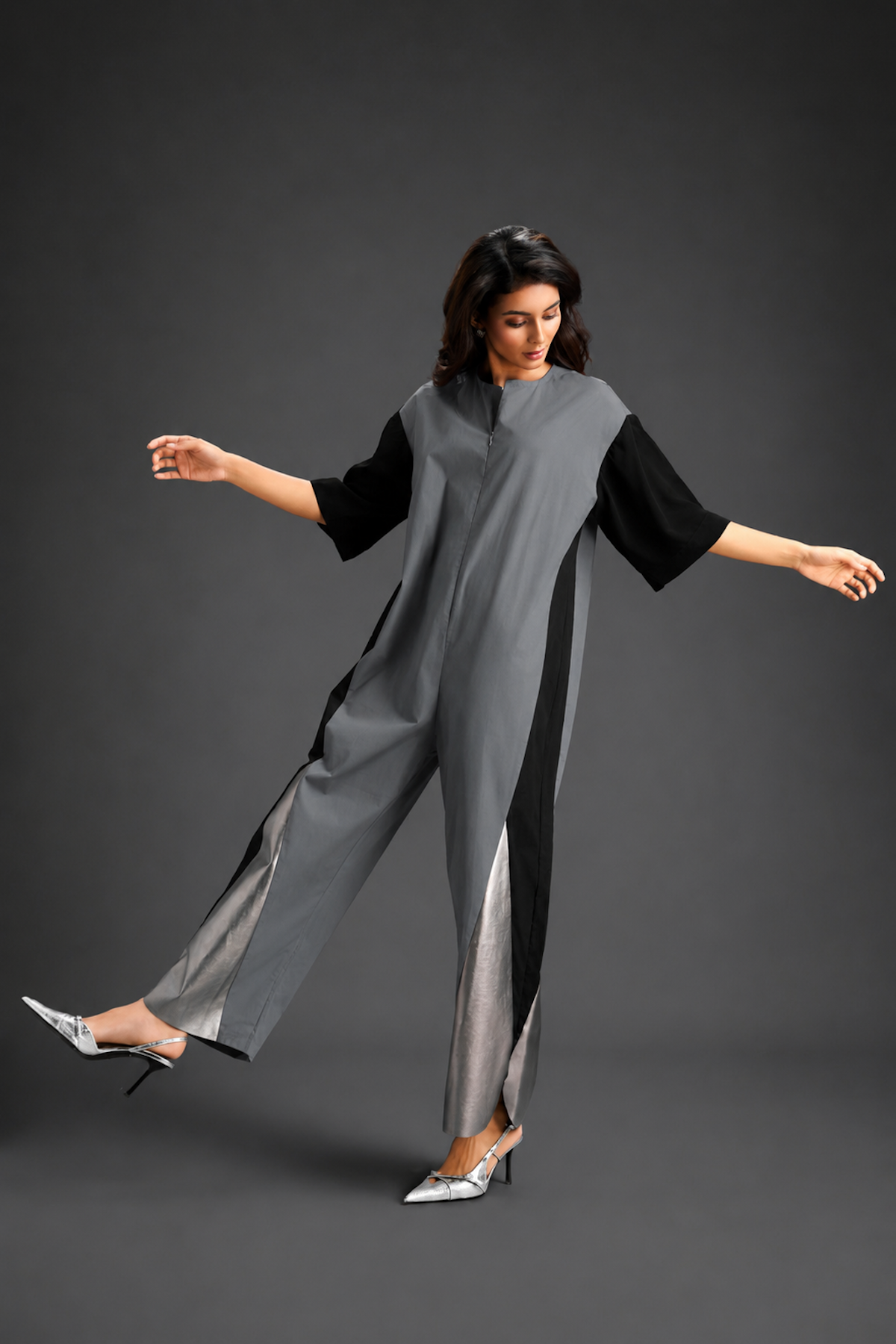 Colorblock Jumpsuit In Cool Grey , Black & Metallic Panels With Relaxed Fit