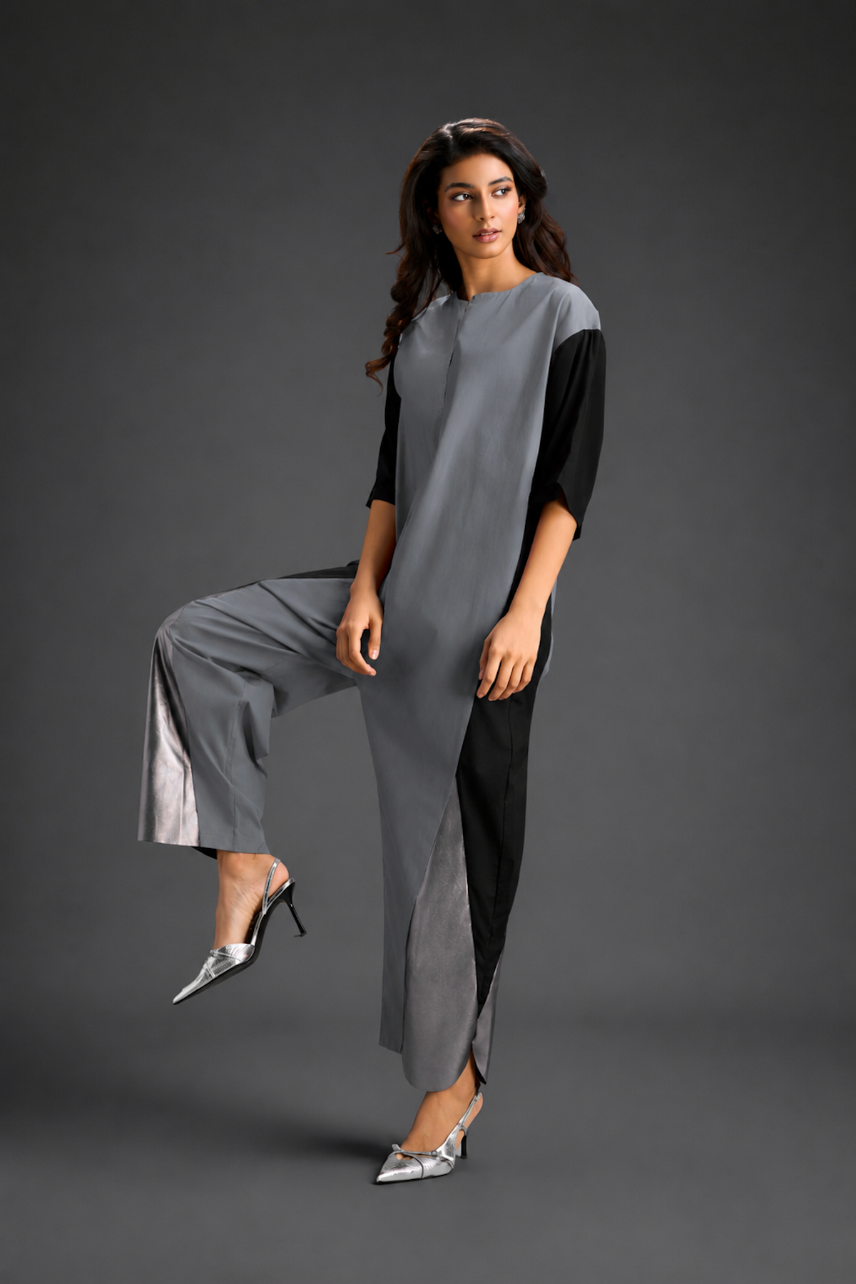 Colorblock Jumpsuit In Cool Grey , Black & Metallic Panels With Relaxed Fit