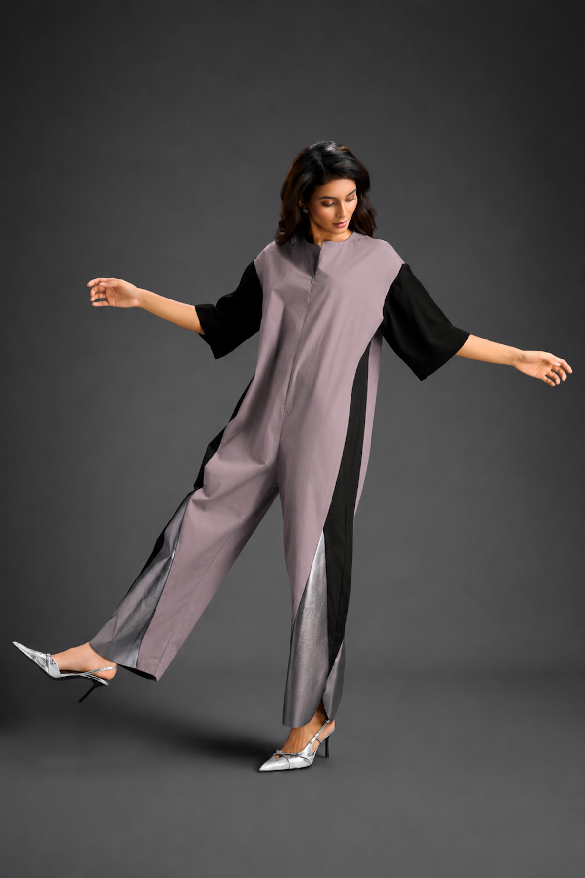 Colorblock Jumpsuit In Ash Pink , Black & Metallic Panels With Relaxed Fit