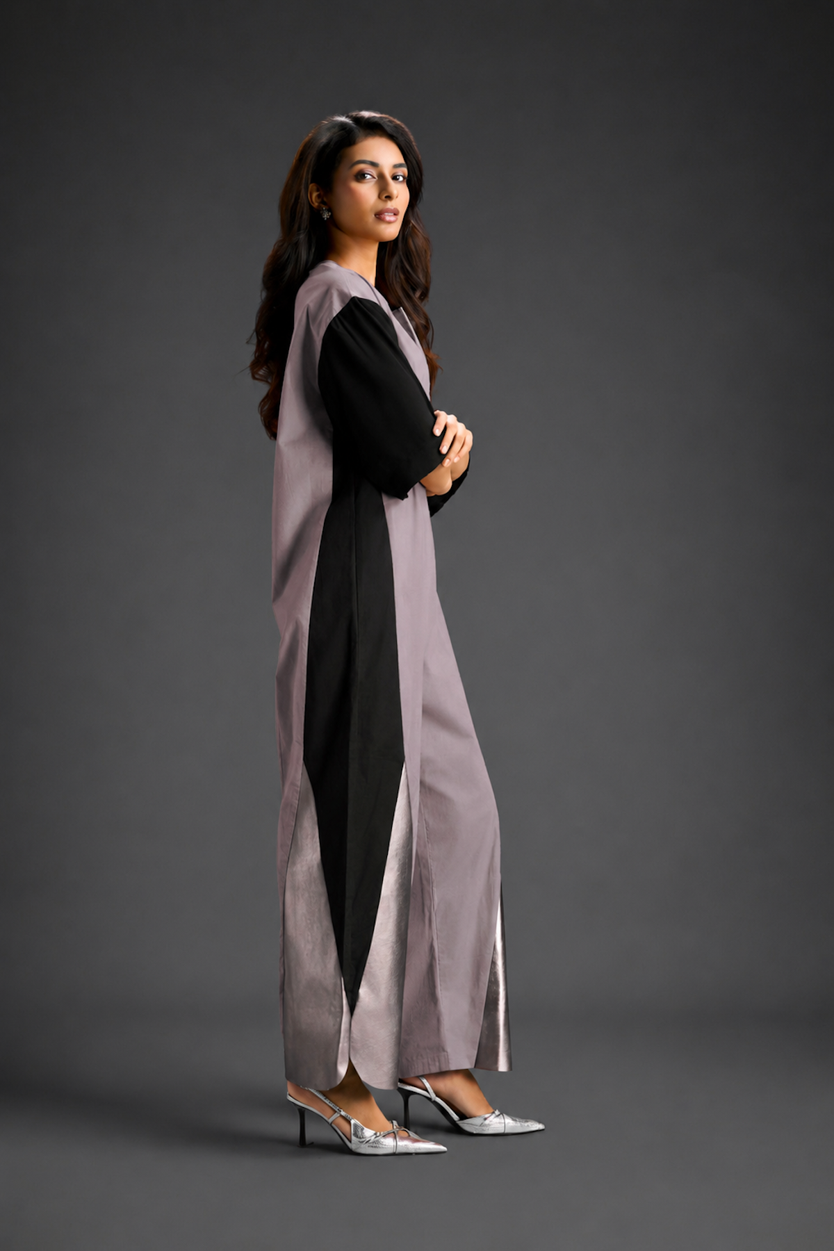 Colorblock Jumpsuit In Ash Pink , Black & Metallic Panels With Relaxed Fit