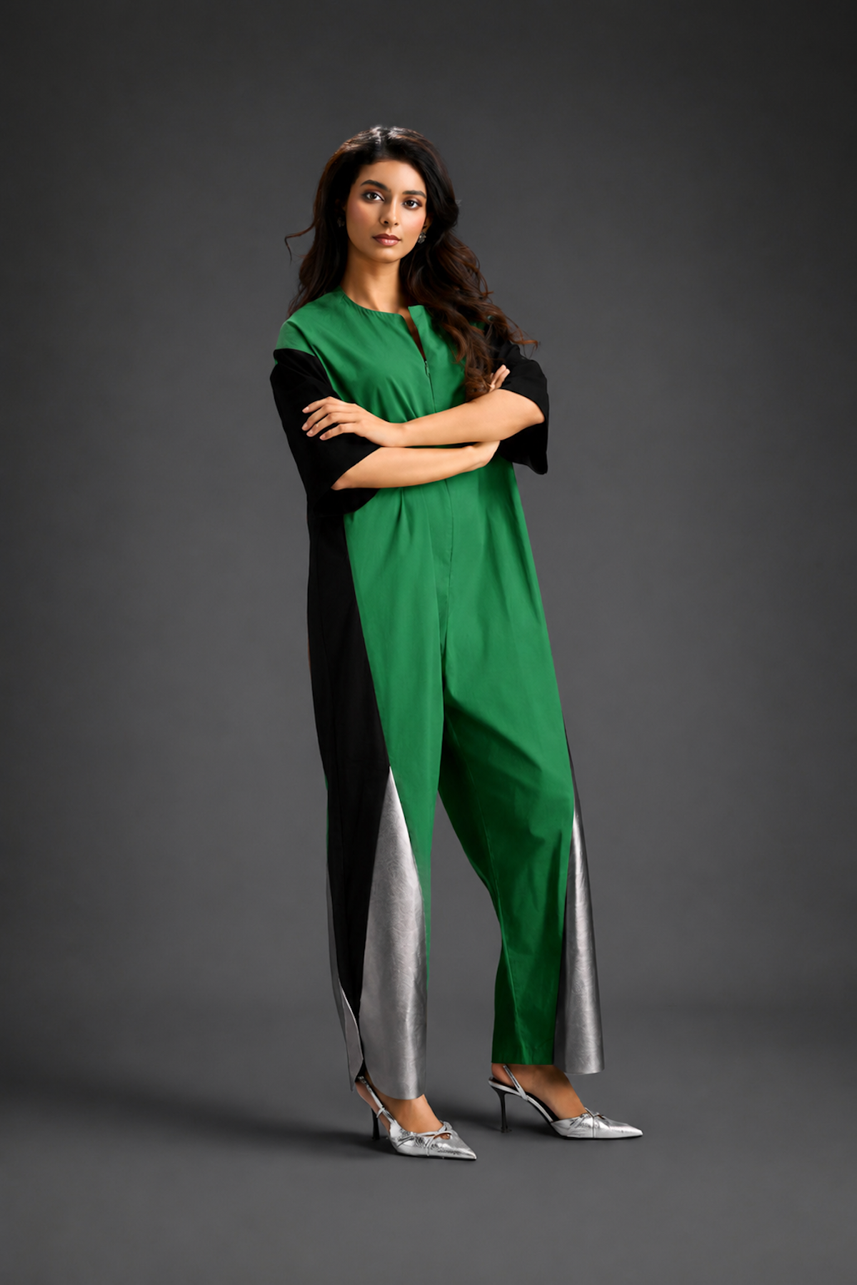 Colorblock Jumpsuit In Parrot Green , Black & Metallic Panels With Relaxed Fit