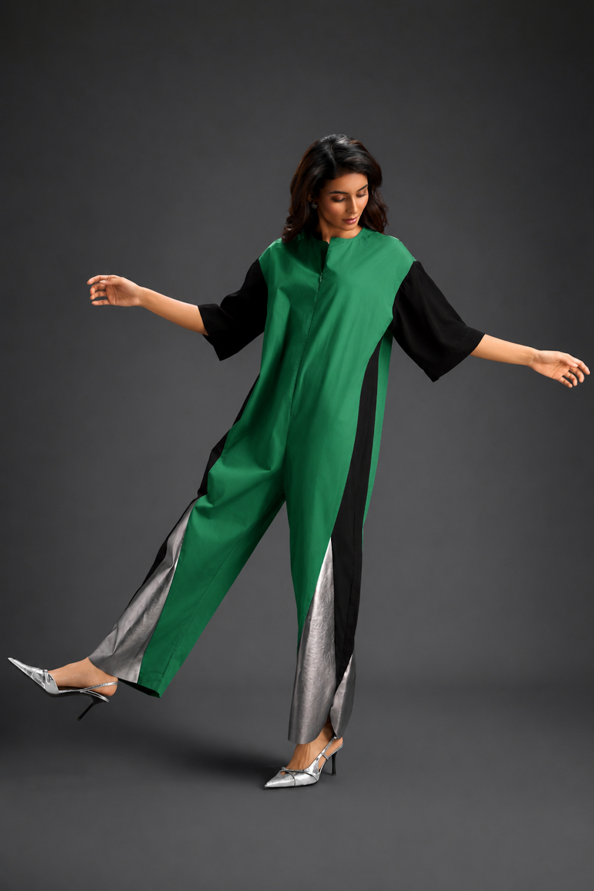 Colorblock Jumpsuit In Parrot Green , Black & Metallic Panels With Relaxed Fit