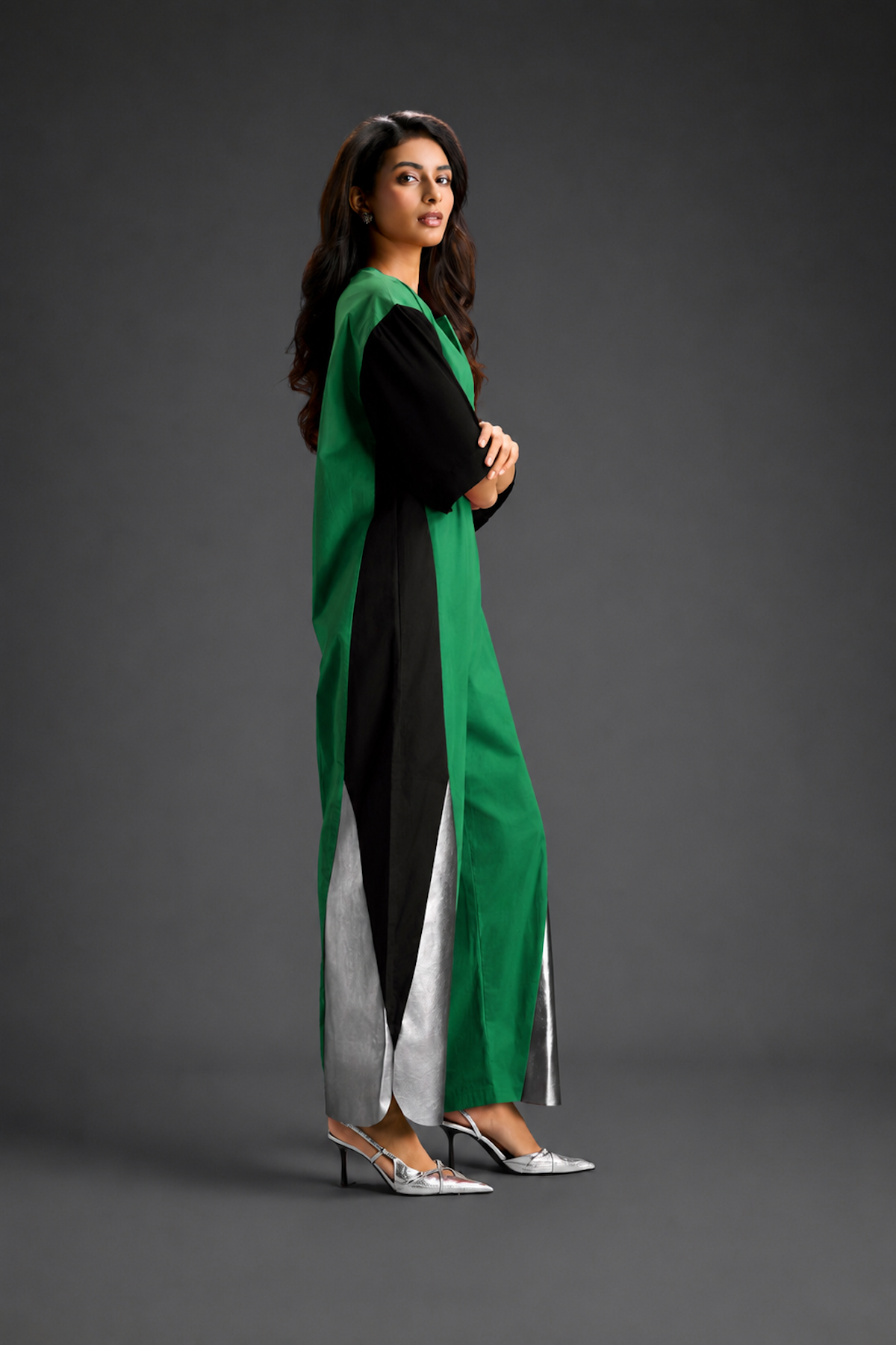 Colorblock Jumpsuit In Parrot Green , Black & Metallic Panels With Relaxed Fit