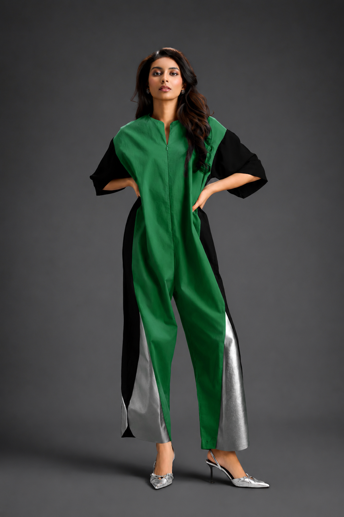 Colorblock Jumpsuit In Parrot Green , Black & Metallic Panels With Relaxed Fit