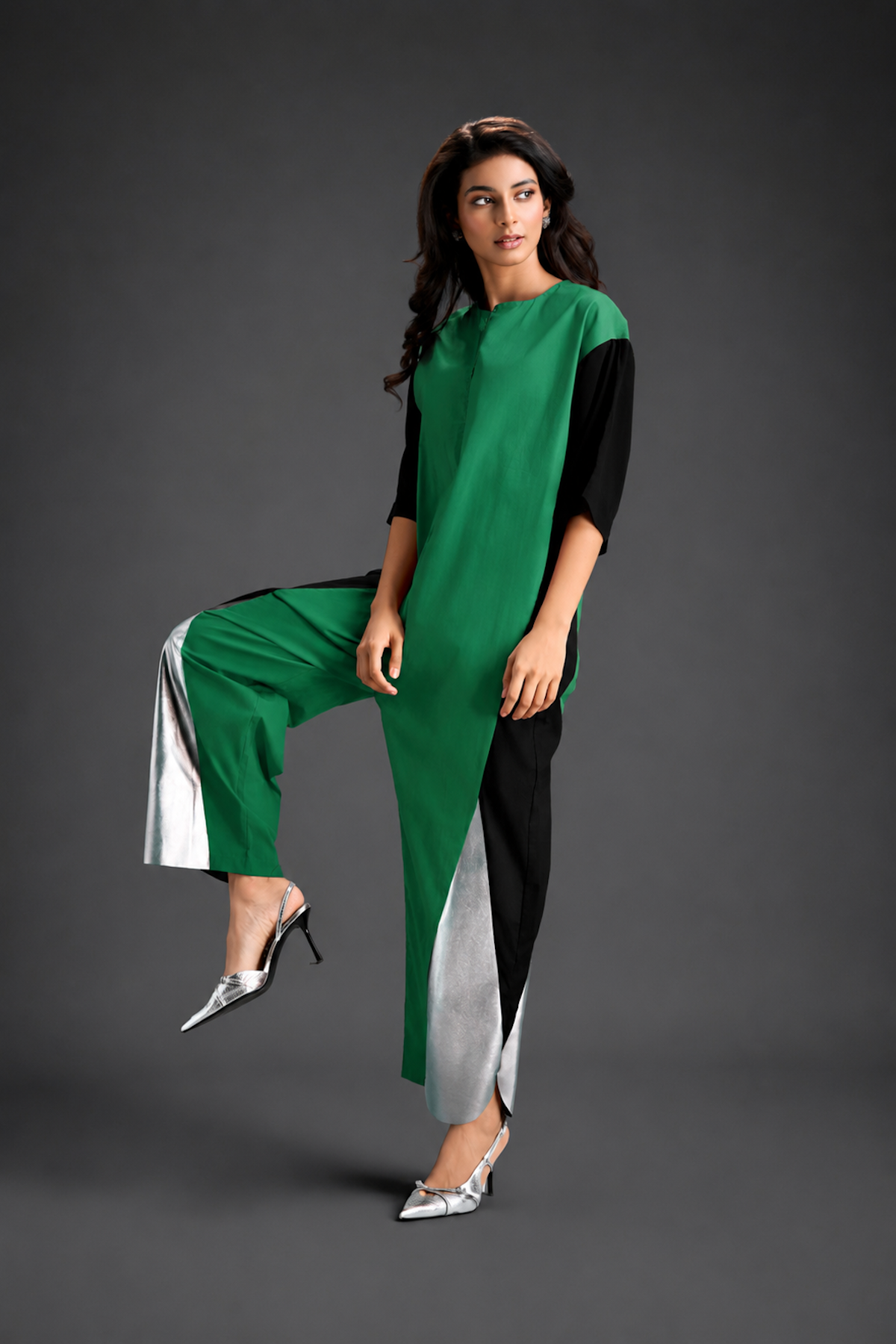 Colorblock Jumpsuit In Parrot Green , Black & Metallic Panels With Relaxed Fit
