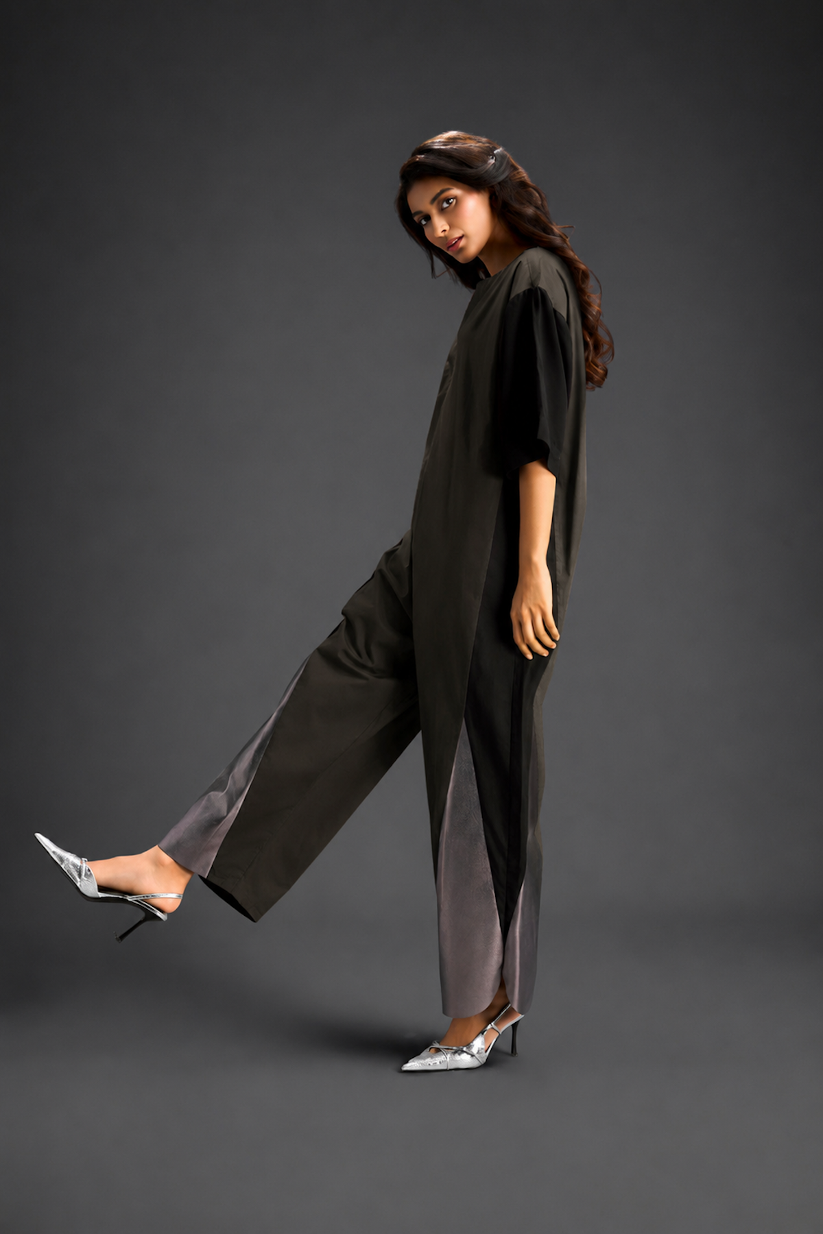 Colorblock Jumpsuit In Dark Green  , Black & Metallic Panels With Relaxed Fit