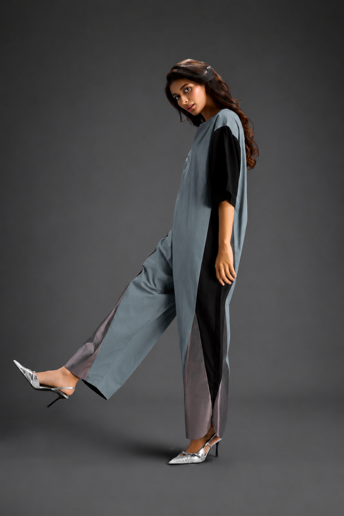 Colorblock Jumpsuit In Cool Grey , Black & Metallic Panels With Relaxed Fit