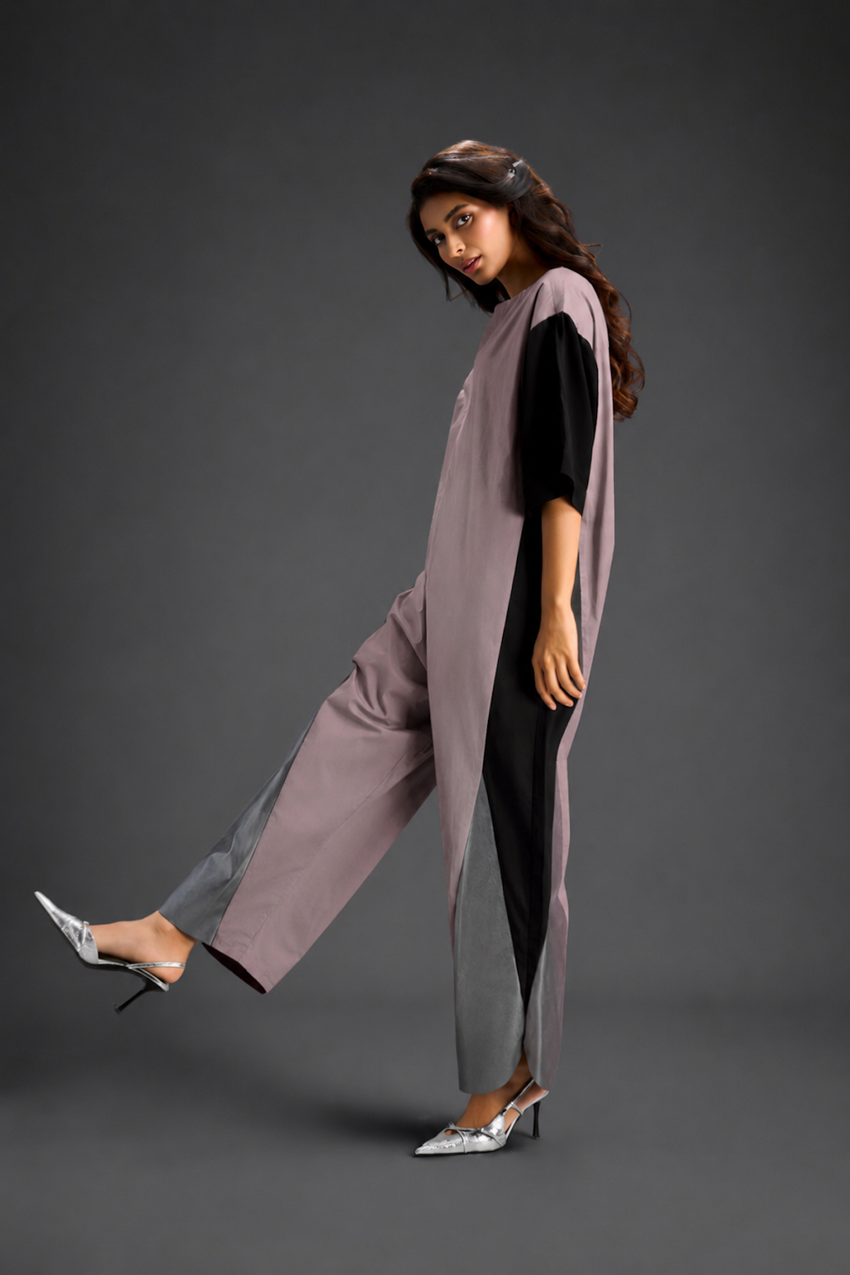 Colorblock Jumpsuit In Ash Pink , Black & Metallic Panels With Relaxed Fit