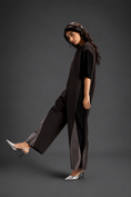 Load image into Gallery viewer, Colorblock Jumpsuit In Dark Brown , Black & Metallic Panels With Relaxed Fit
