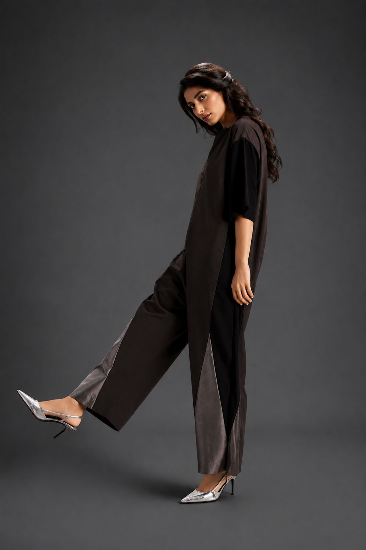 Colorblock Jumpsuit In Dark Brown , Black & Metallic Panels With Relaxed Fit