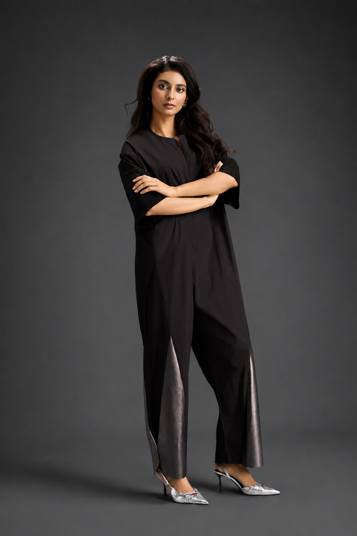 Colorblock Jumpsuit In Dark Brown , Black & Metallic Panels With Relaxed Fit