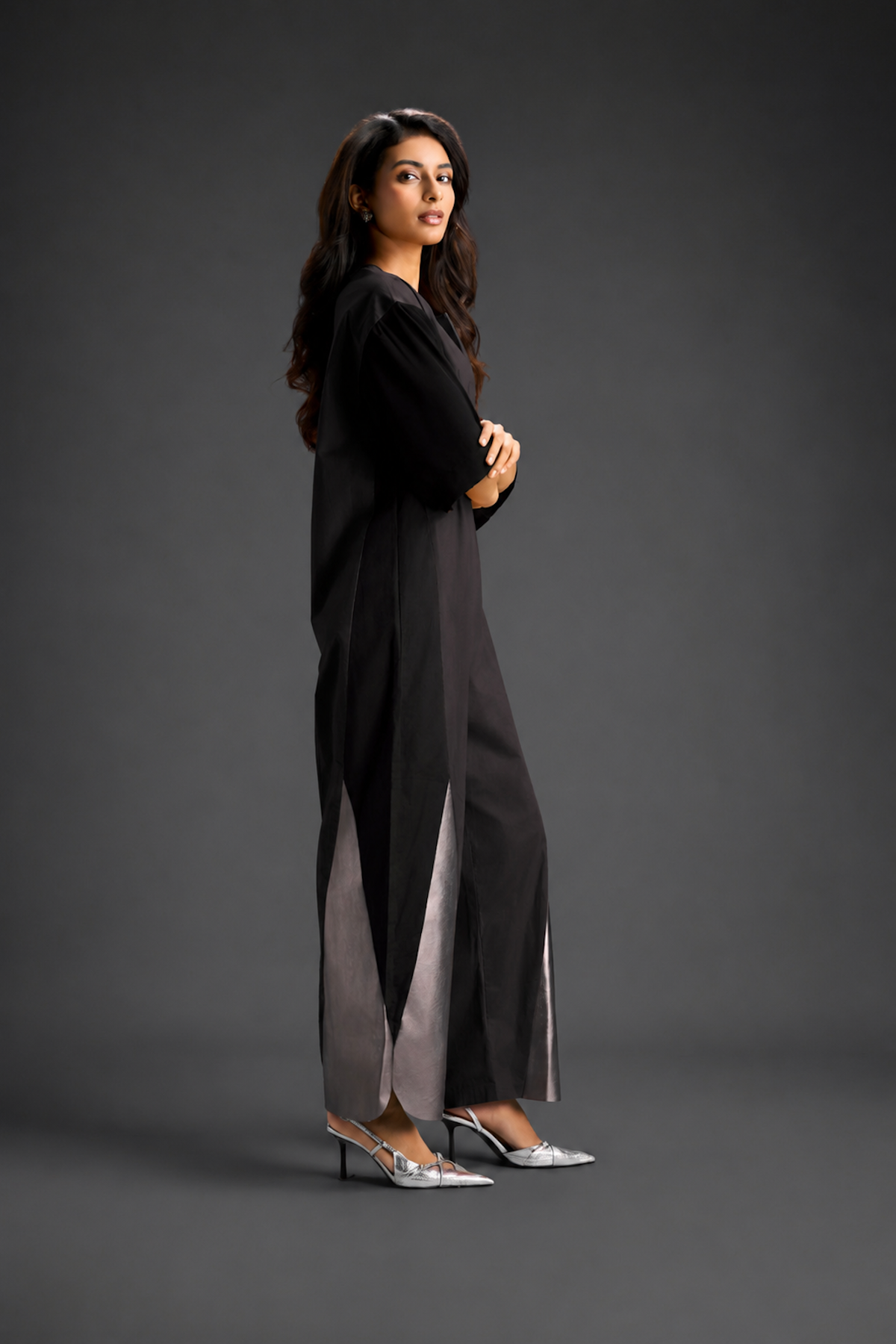 Colorblock Jumpsuit In Dark Brown , Black & Metallic Panels With Relaxed Fit