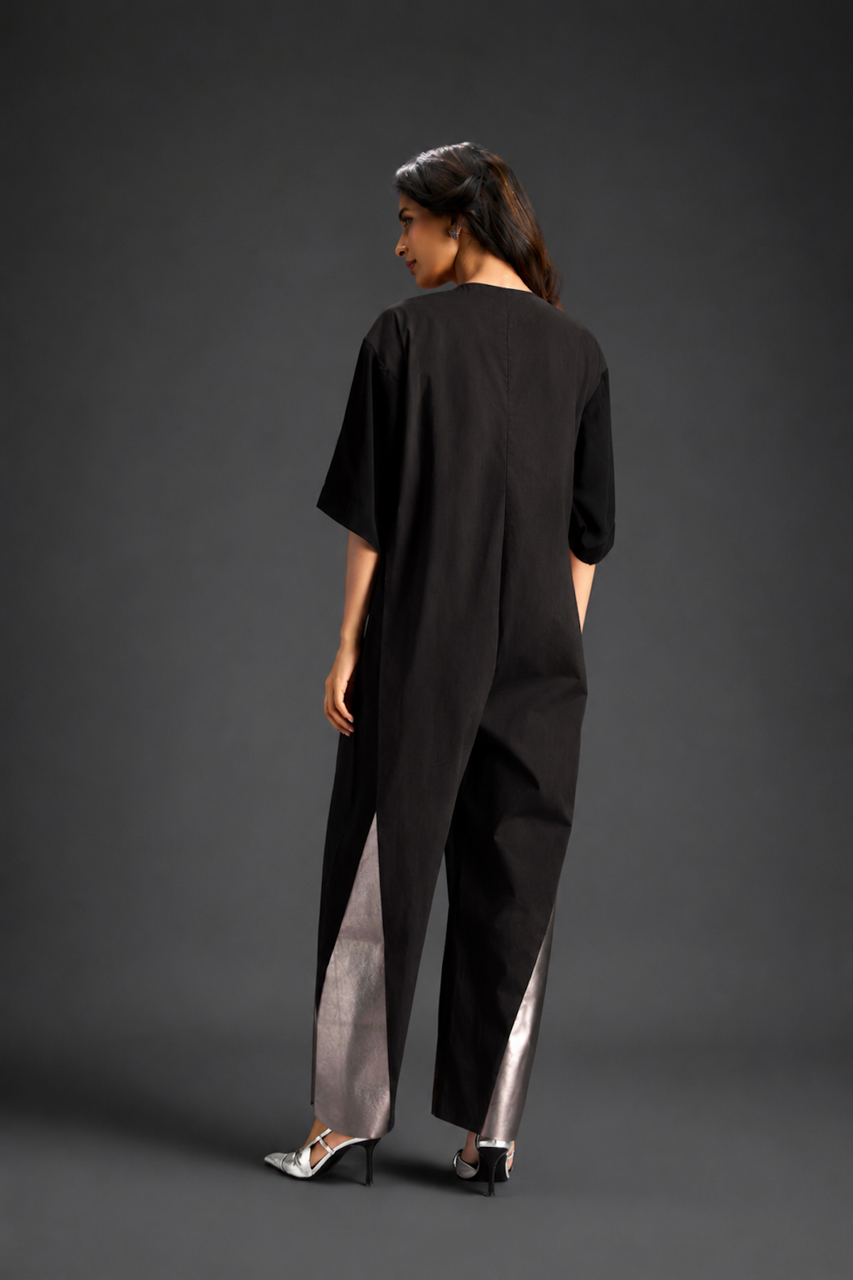 Colorblock Jumpsuit In Dark Brown , Black & Metallic Panels With Relaxed Fit
