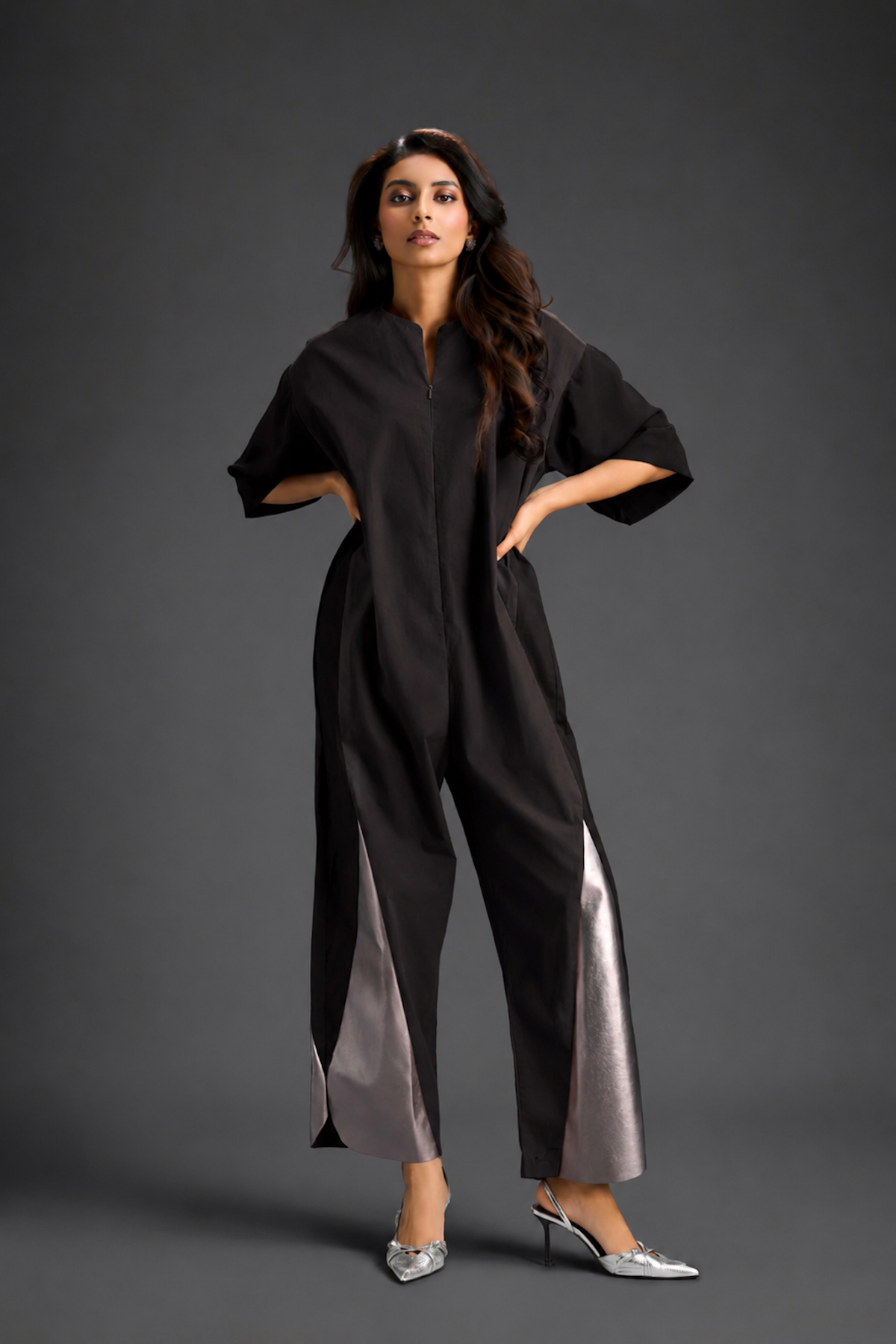 Colorblock Jumpsuit In Dark Brown , Black & Metallic Panels With Relaxed Fit