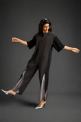Load image into Gallery viewer, Colorblock Jumpsuit In Dark Brown , Black & Metallic Panels With Relaxed Fit
