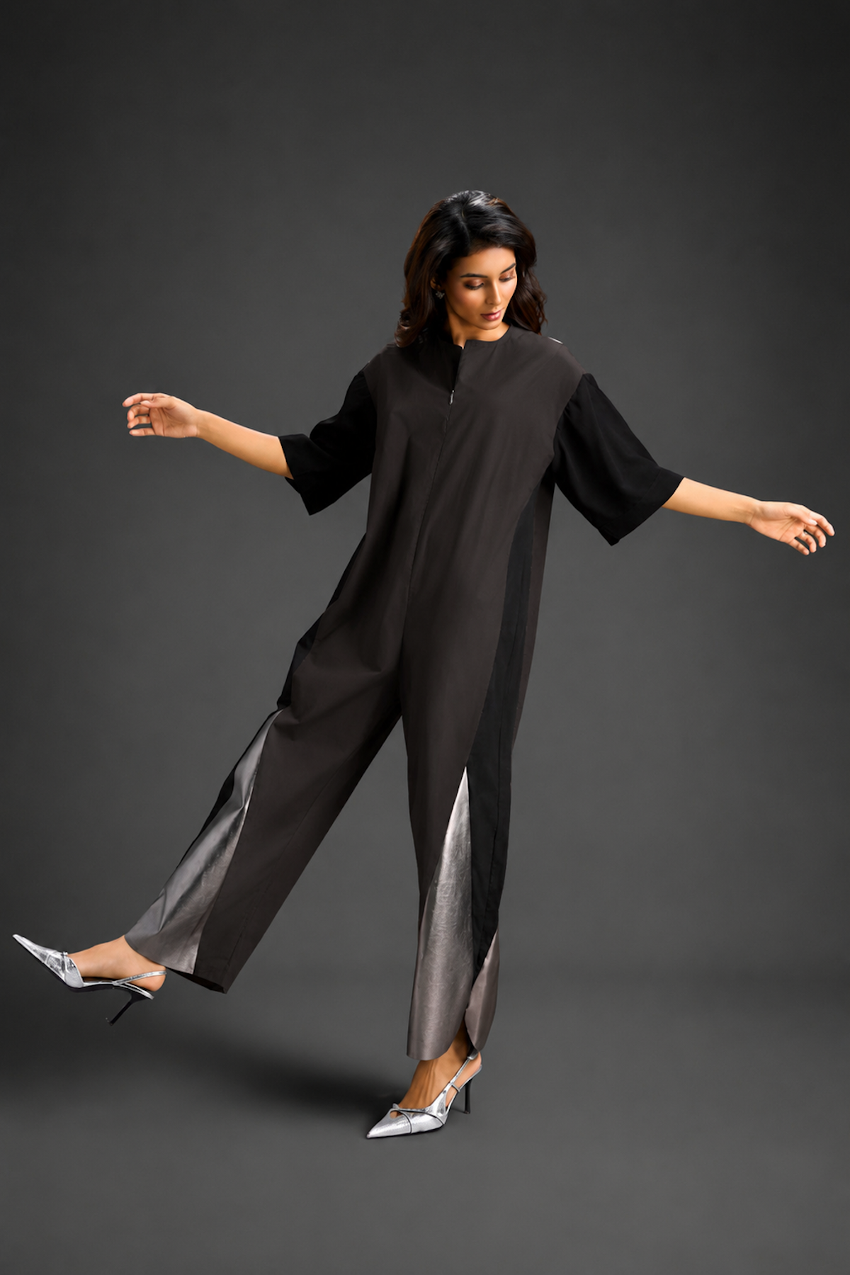Colorblock Jumpsuit In Dark Brown , Black & Metallic Panels With Relaxed Fit