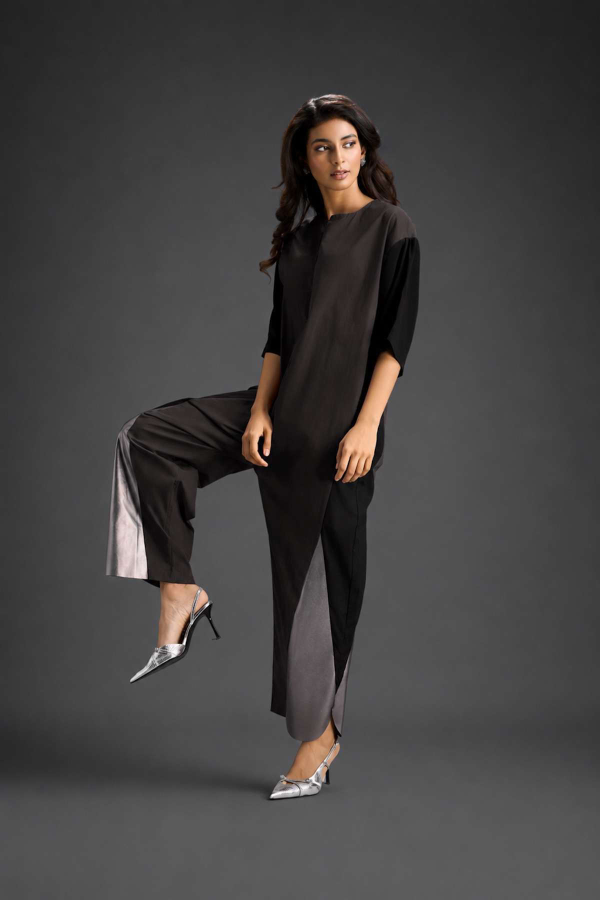 Colorblock Jumpsuit In Dark Brown , Black & Metallic Panels With Relaxed Fit