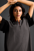 Load image into Gallery viewer, Colorblock Jumpsuit In Warm Grey , Black & Metallic Panels With Relaxed Fit
