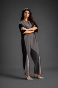 Load image into Gallery viewer, Colorblock Jumpsuit In Warm Grey , Black & Metallic Panels With Relaxed Fit
