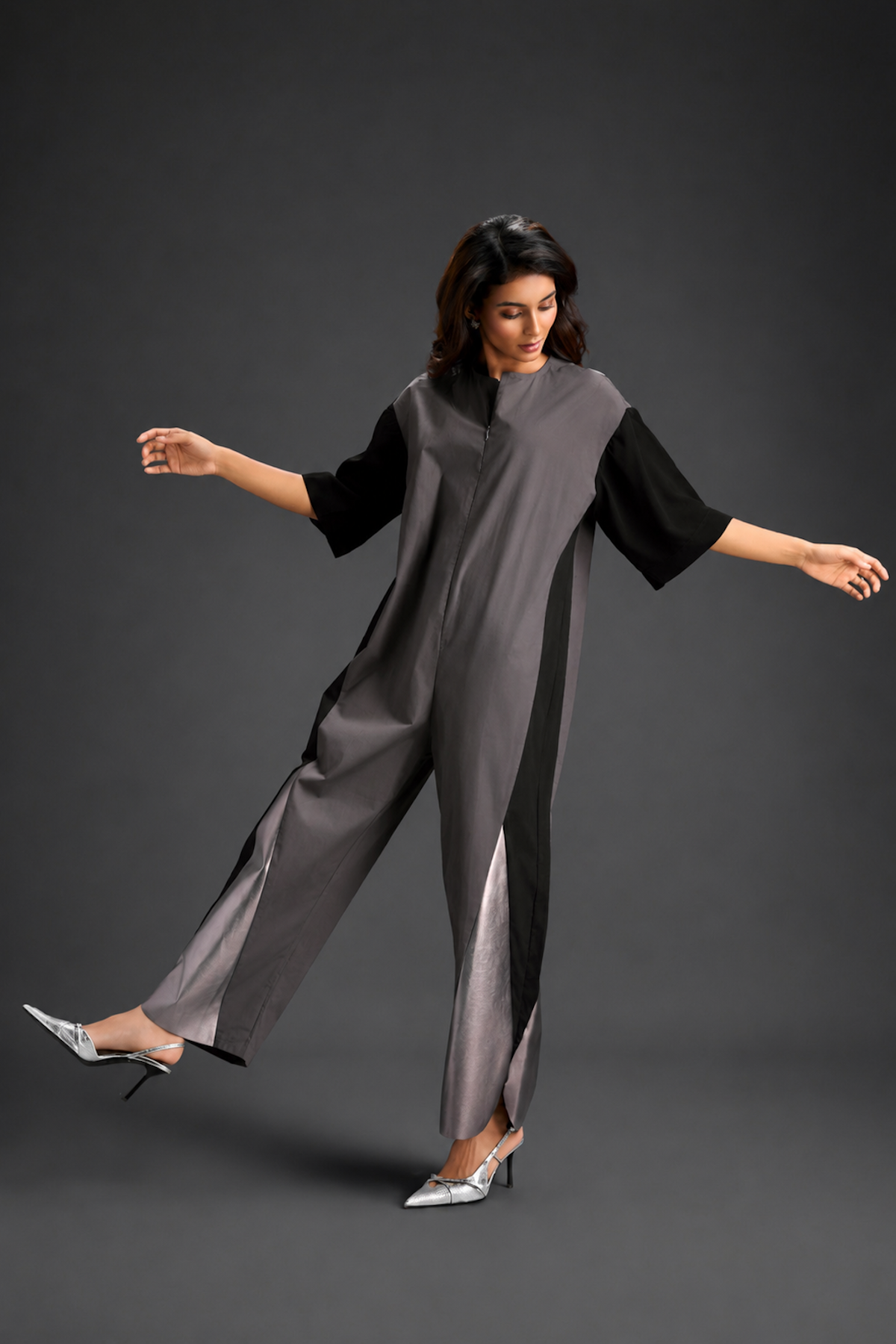 Colorblock Jumpsuit In Warm Grey , Black & Metallic Panels With Relaxed Fit