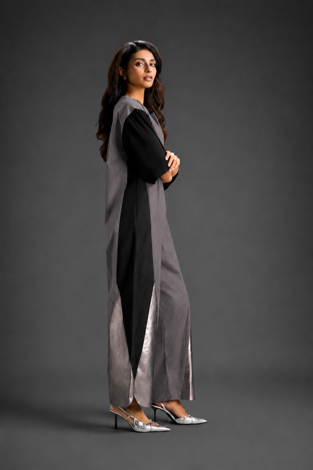 Colorblock Jumpsuit In Warm Grey , Black & Metallic Panels With Relaxed Fit