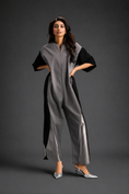 Load image into Gallery viewer, Colorblock Jumpsuit In Warm Grey , Black & Metallic Panels With Relaxed Fit
