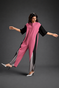 Load image into Gallery viewer, Colorblock Jumpsuit In Pink, Black & Metallic Panels With Relaxed Fit
