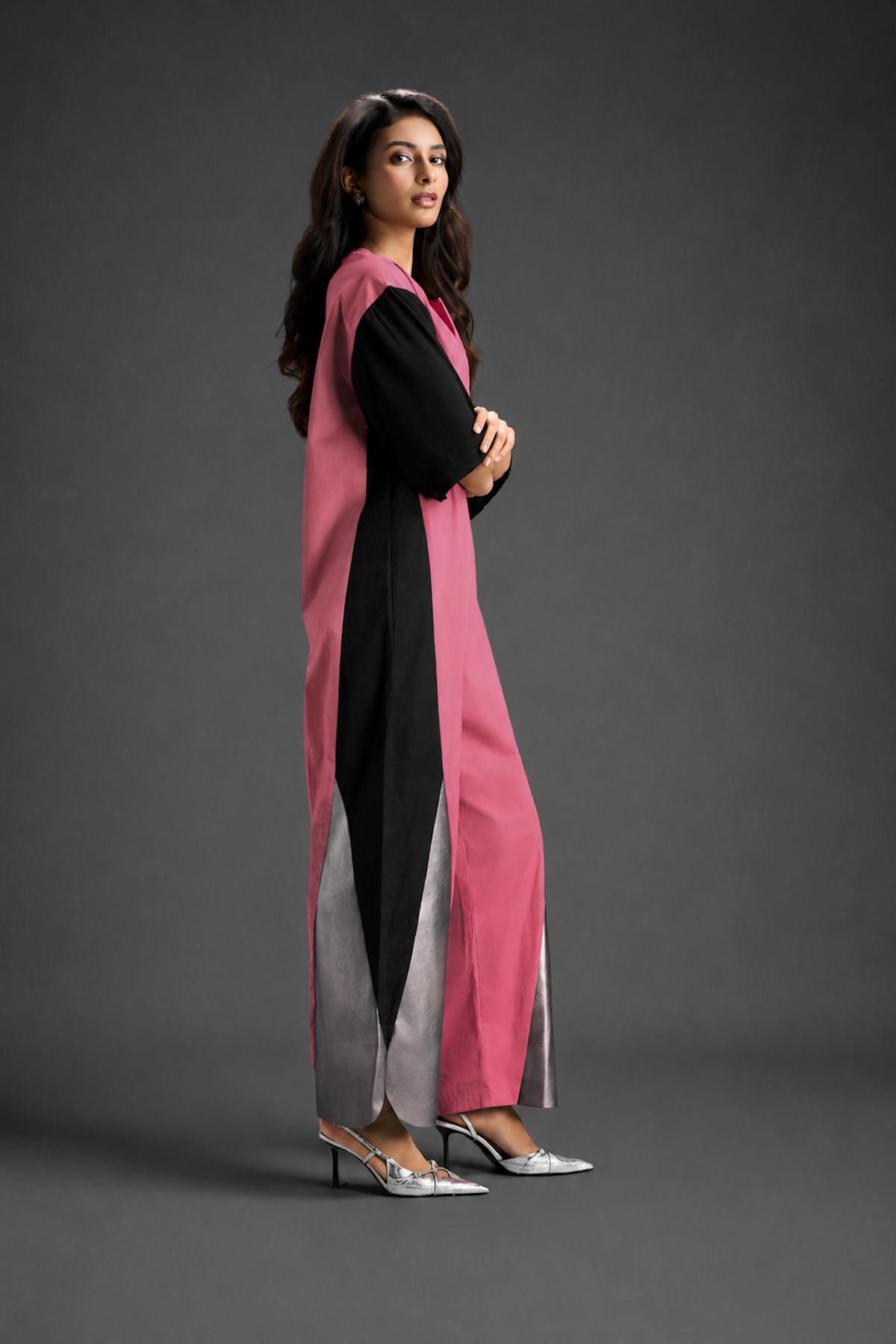 Colorblock Jumpsuit In Pink, Black & Metallic Panels With Relaxed Fit
