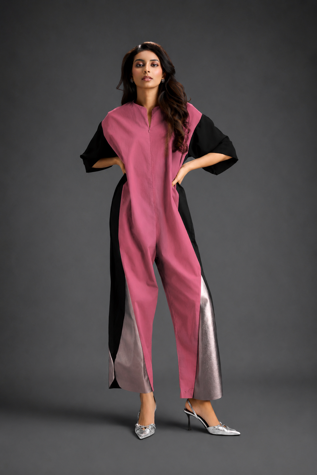 Colorblock Jumpsuit In Pink, Black & Metallic Panels With Relaxed Fit