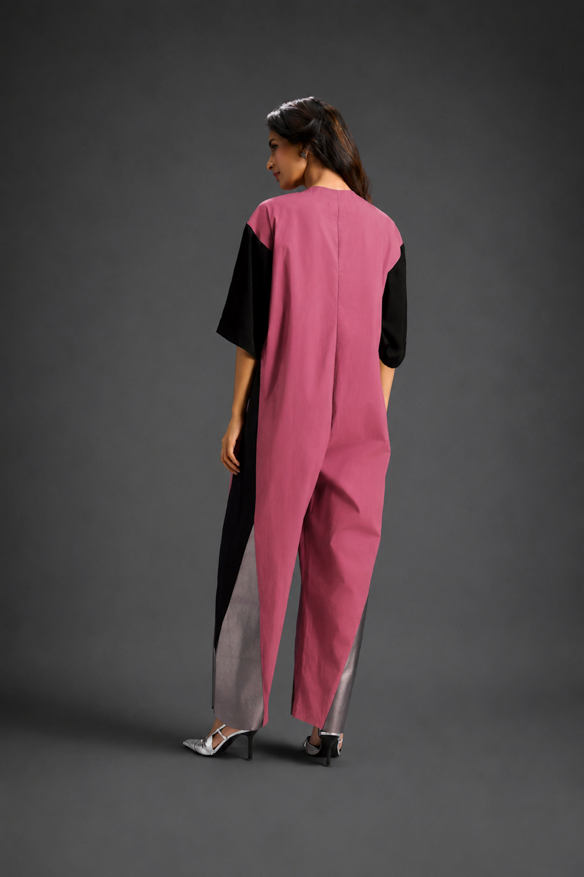 Colorblock Jumpsuit In Pink, Black & Metallic Panels With Relaxed Fit